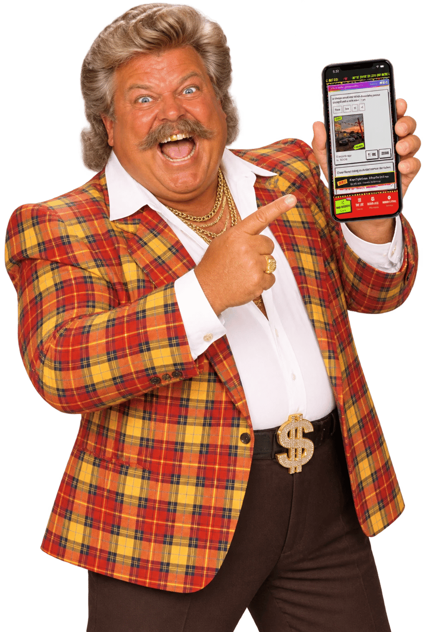 Big Barry in his plaid sport coat holds up an iPhone running the app and points at it, shouting.