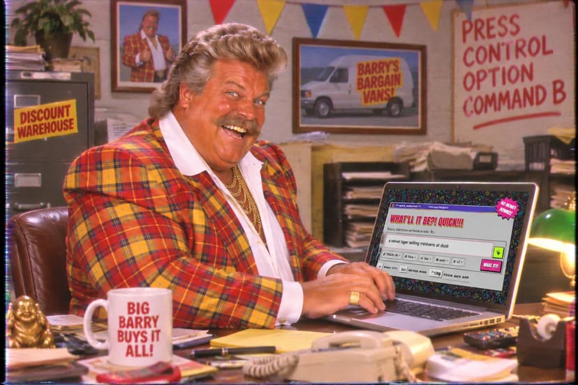 Barry at his office desk, typing on a laptop with the Quick Make window open.