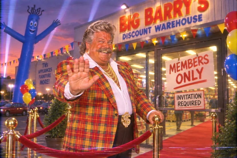 Barry at the warehouse doors behind a red velvet rope, one hand up. Signs on the door say MEMBERS ONLY and INVITATION REQUIRED.
