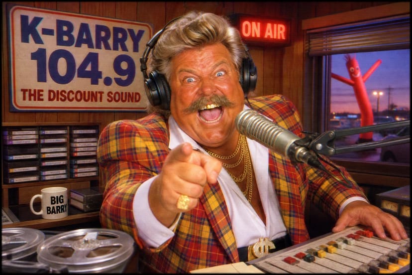 Barry in headphones shouts into a radio microphone under a K-BARRY 104.9 sign.