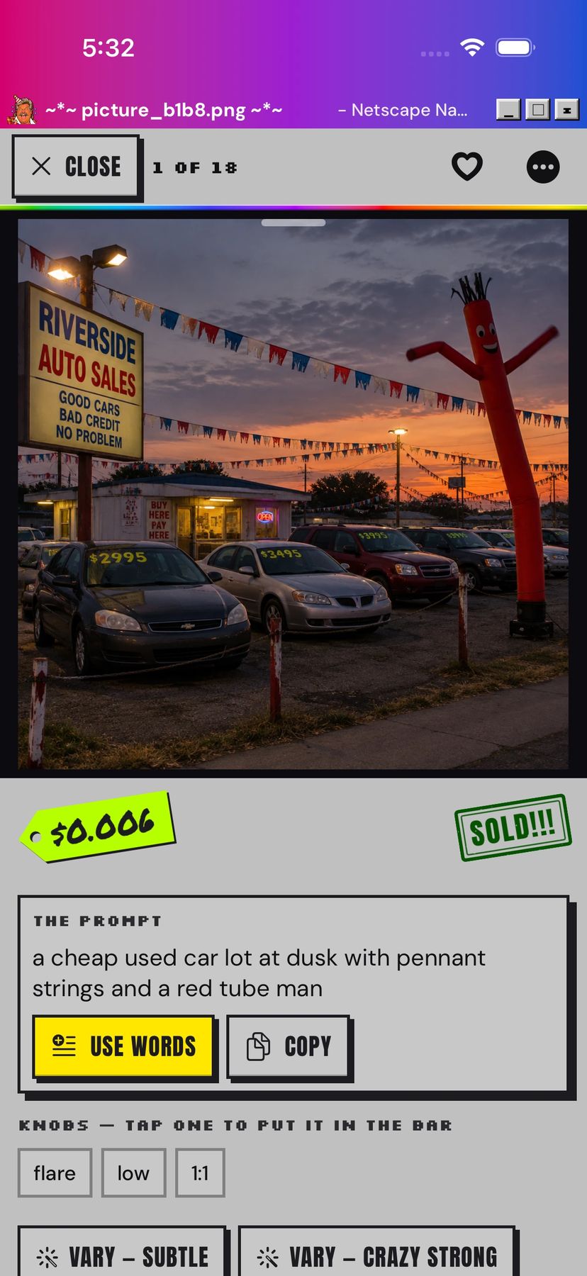The app's picture view: a red tube man over a used car lot, priced $0.006.