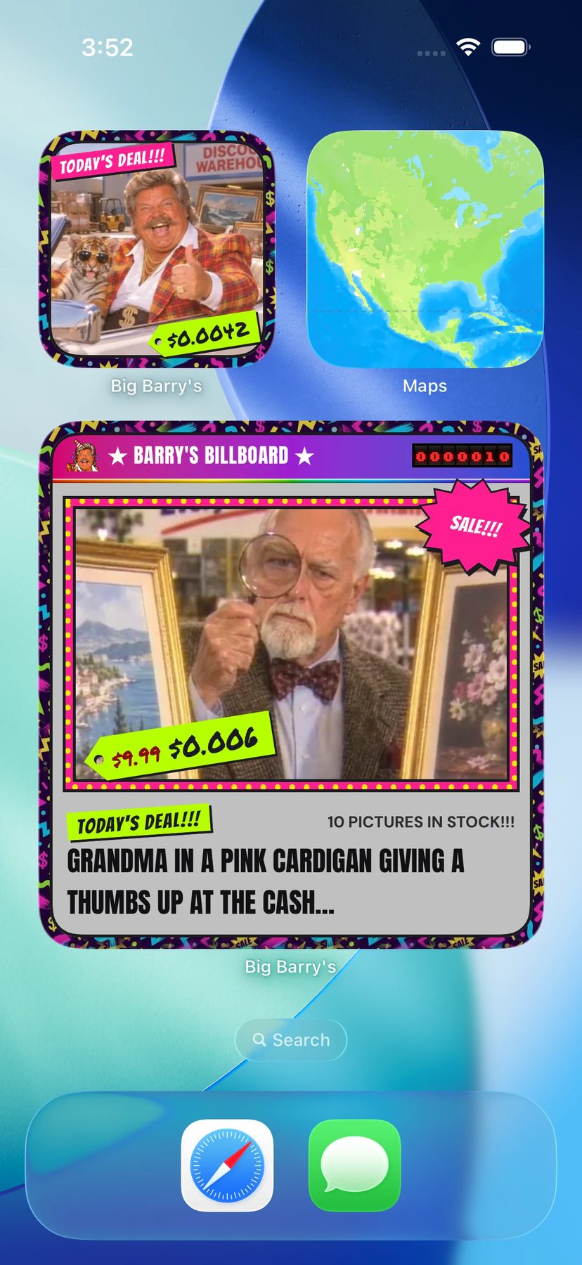 An iPhone Home Screen with two Barry's Billboard widgets showing kept pictures and price tags.