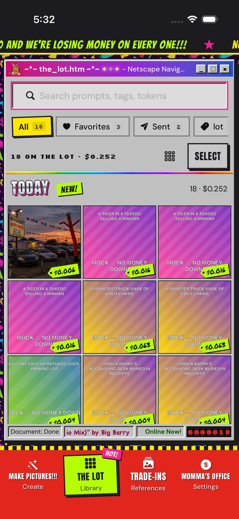 The Lot: kept pictures in a grid with price tags, favorites and tag filters.