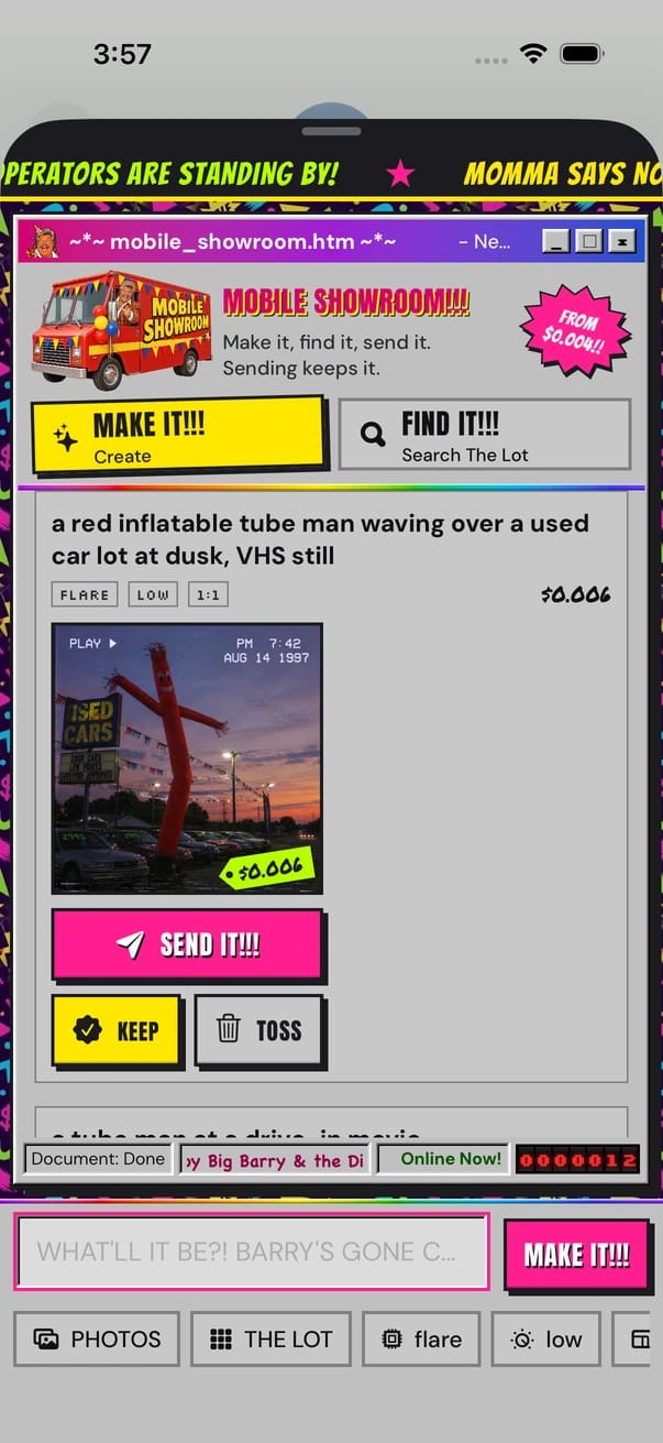 The iMessage app expanded: a fresh picture of a tube man at dusk with SEND IT!!!, KEEP and TOSS.
