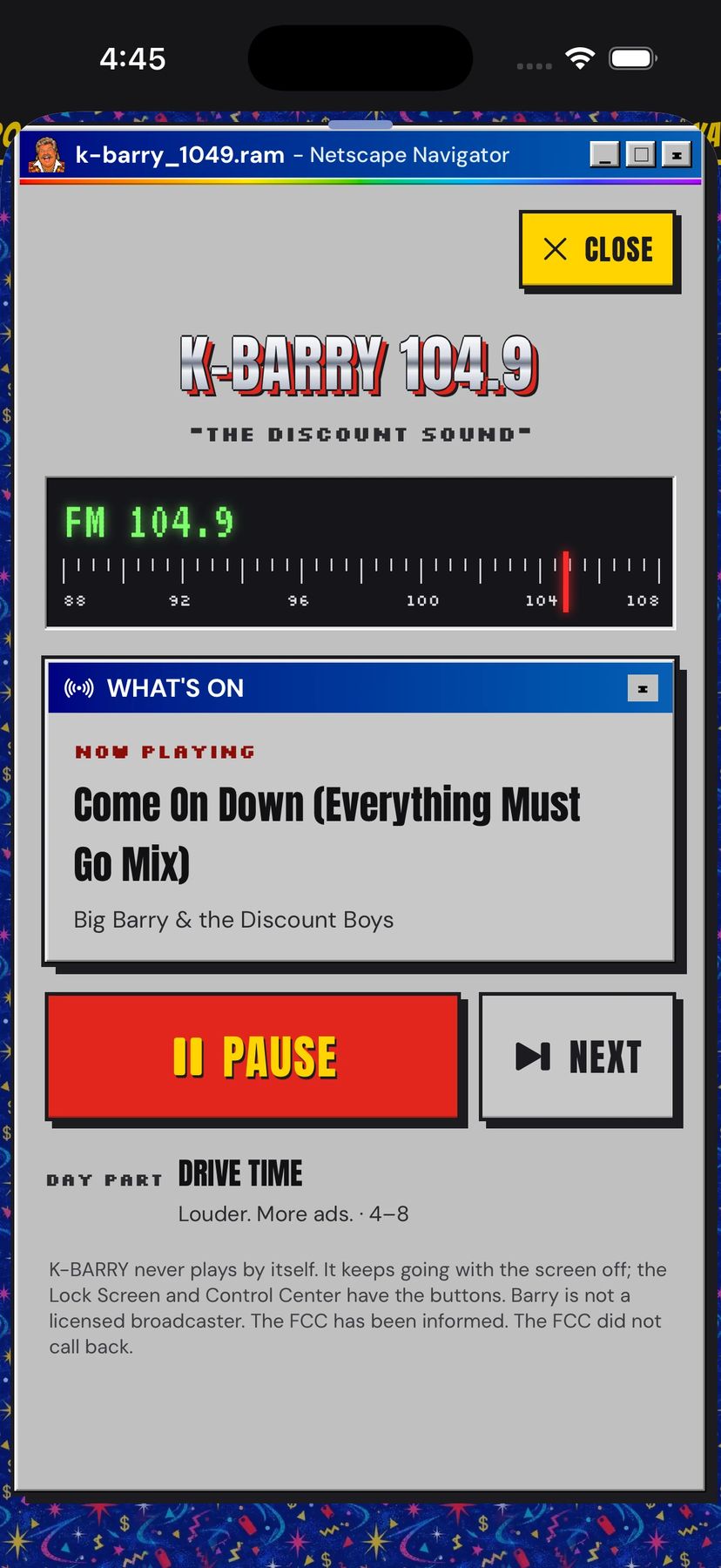 The K-BARRY 104.9 tuner in the app, playing Come On Down (Everything Must Go Mix).