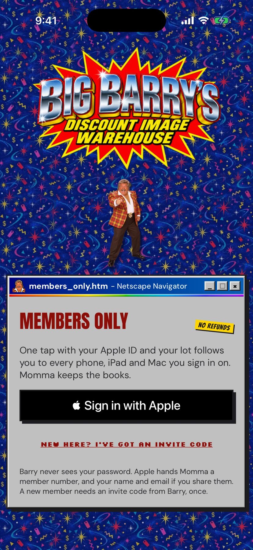 The app's sign-in screen: MEMBERS ONLY, with a Sign in with Apple button and a link for an invite code.