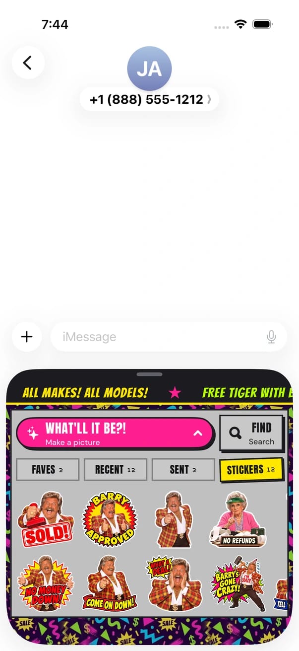 The iMessage app's sticker tab with Barry stickers: SOLD!, BARRY APPROVED, NO REFUNDS.