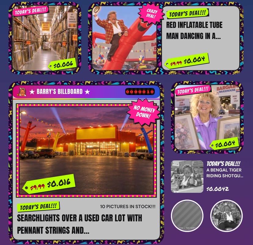 Barry's Billboard in small, medium and large sizes, each with a kept picture and a TODAY'S DEAL!!! price tag.