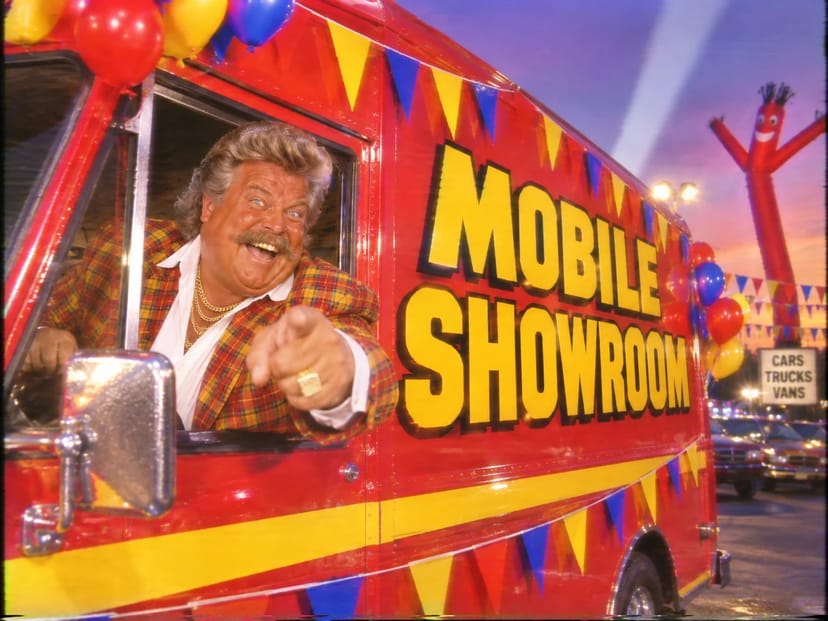 Barry leans out of a red van painted MOBILE SHOWROOM.